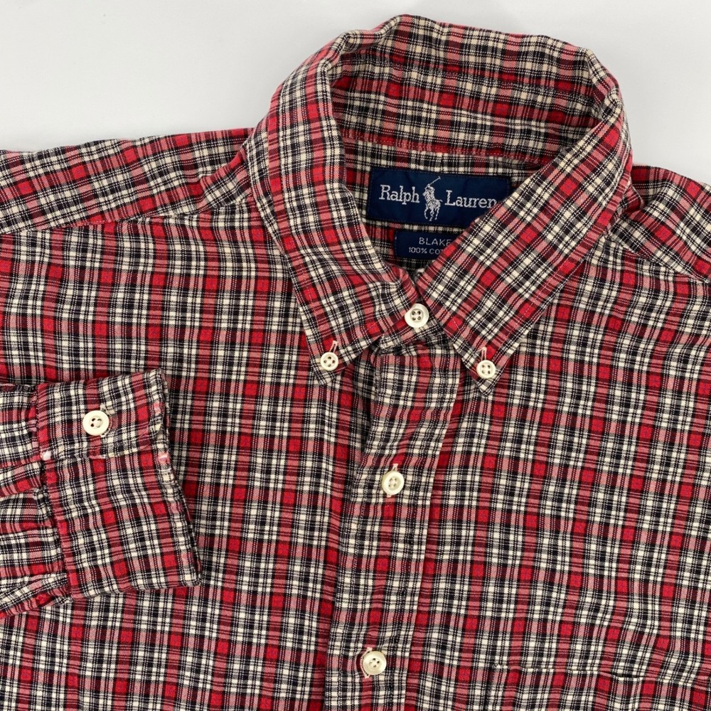 Ralph Lauren Button Down Shirt Mens M Red Black Plaid Blake Cotton Long Sleeve